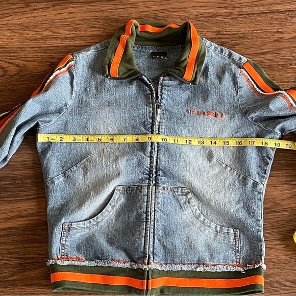 Vintage Fubu Women's Denim Zip Up Jacket with Orange and Green Stripe Accents L - Picture 12 of 16